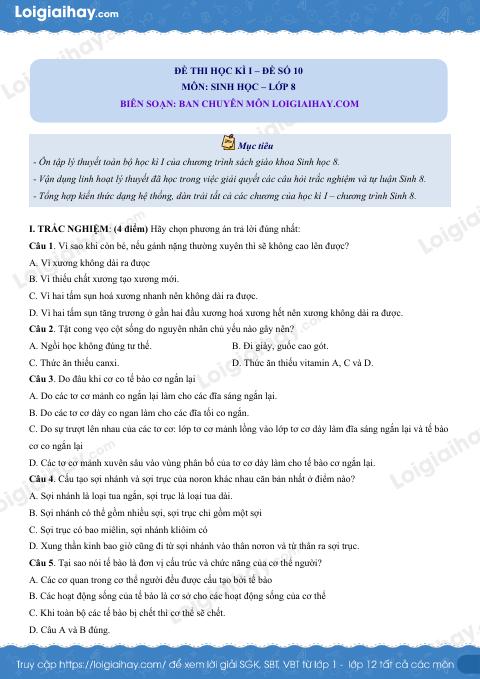 Đề số 10 - Đề kiểm tra học kì 1 - Sinh học 8